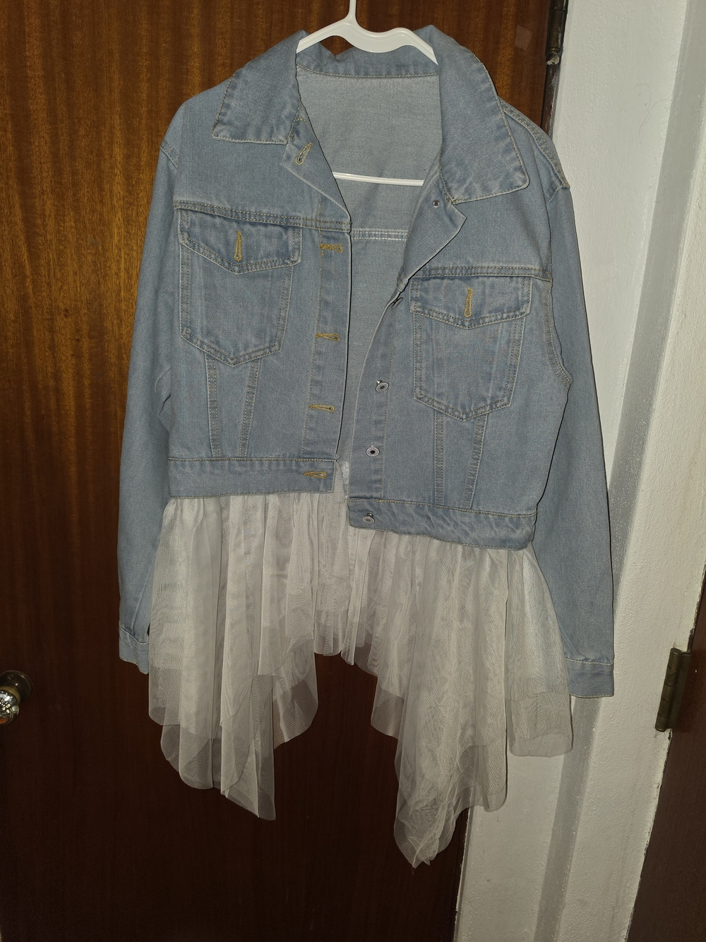 SHEIN Light Blue Denim Jacket with White Tulle Hem